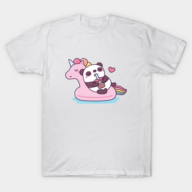 Cute Panda Enjoying Bubble Tea on Unicorn Pool Float T-Shirt by rustydoodle